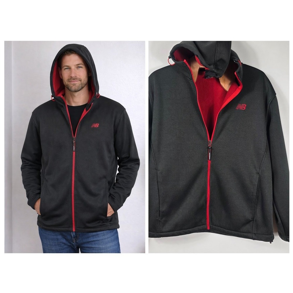 New‎ Balance Hoodie Mens XL Black Red Full Zip Fleece Lined Athletic Jacket